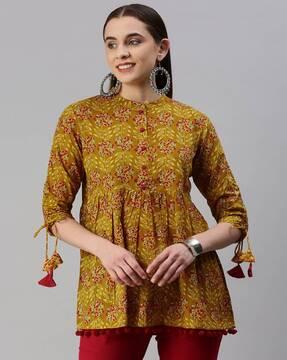 women flared floral tunic with mandarin collar