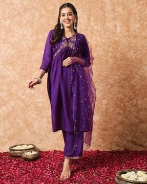 women flared kurta set & dupatta with embroidery