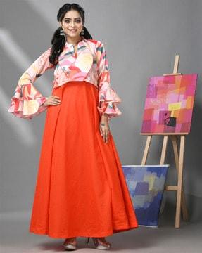 women flared kurta with cropped jacket