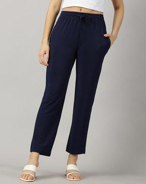 women flat-front pants with drawstring waist