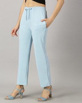 women flat-front pants with drawstring waist