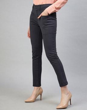 women flat-front skinny fit trousers with insert pockets