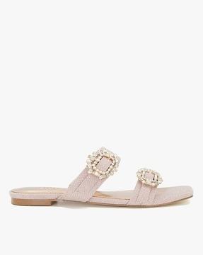 women flat sandals with embellished buckle accent