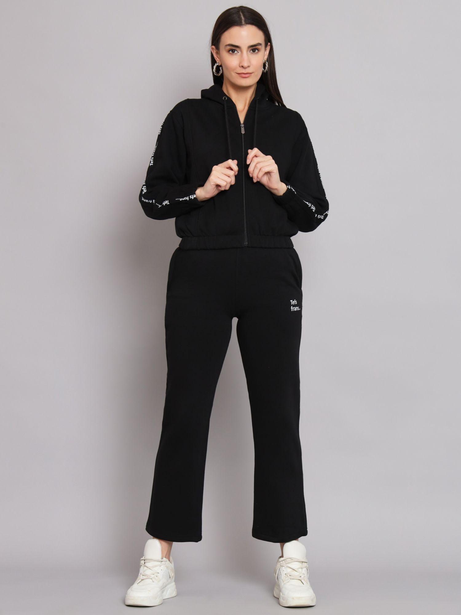 women fleece hood long sleeves black sweatshirt and pant (set of 2)