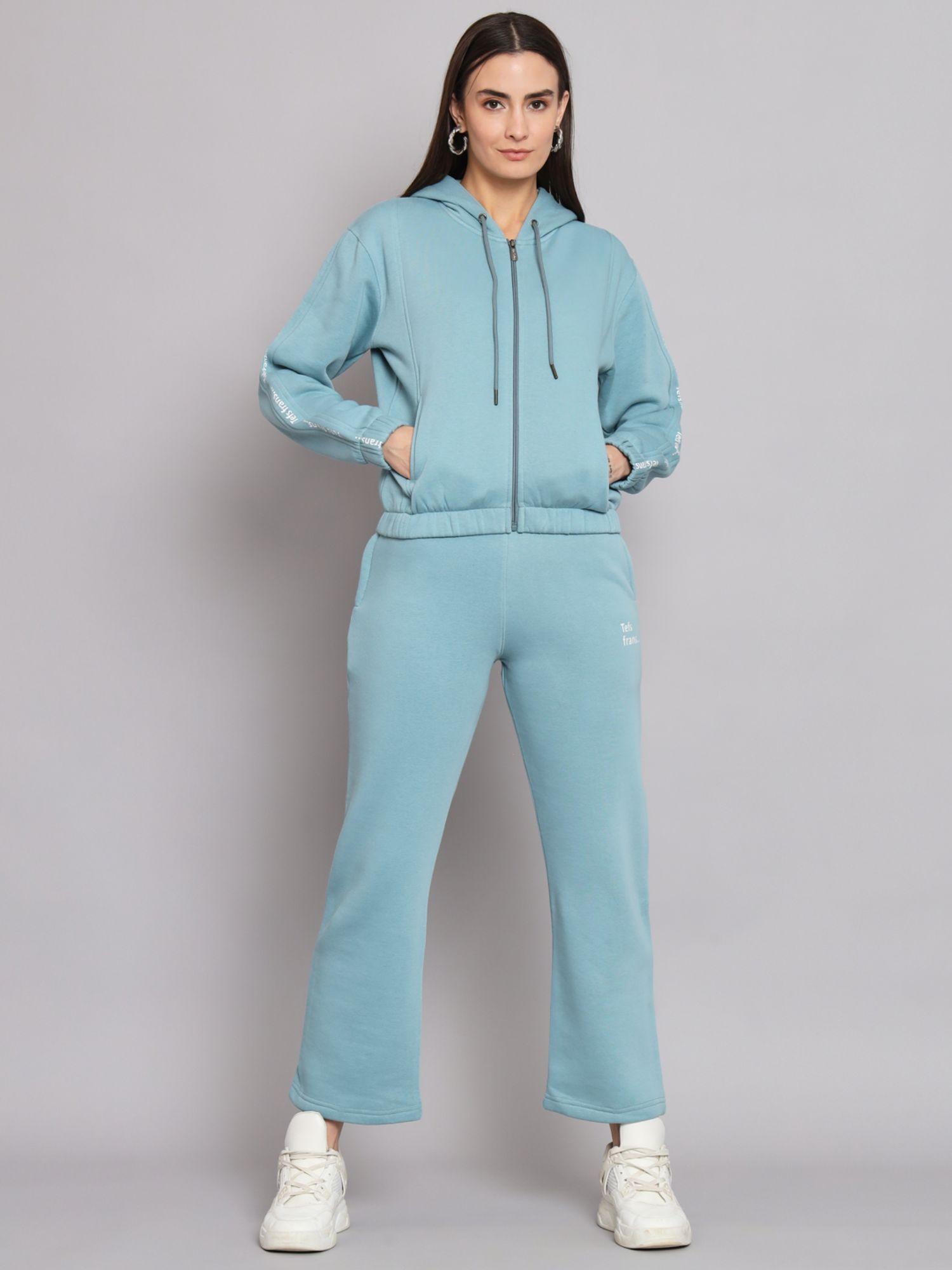 women fleece hood long sleeves surf blue sweatshirt and pant (set of 2)