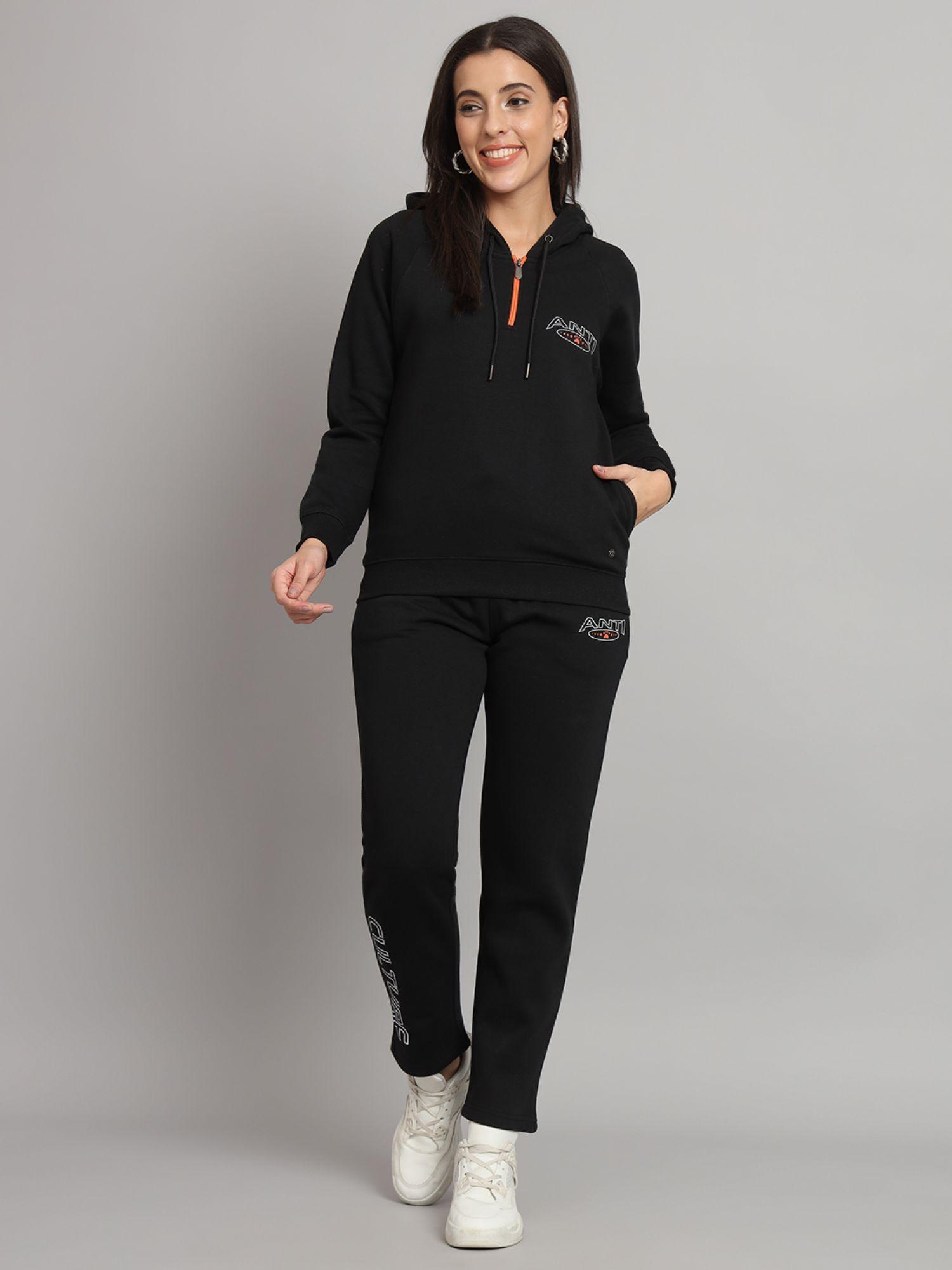 women fleece hoody black sweatshirt and pant (set of 2)