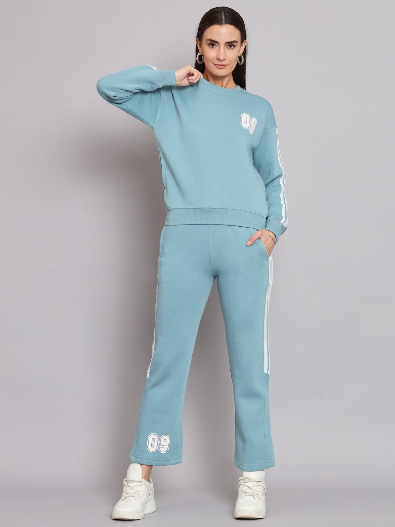 women fleece round neck long sleeves surf blue sweatshirt and pant (set of 2)