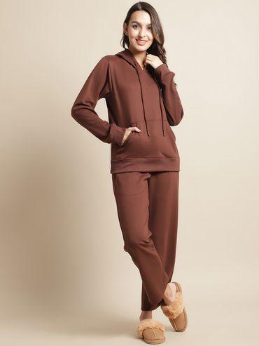 women fleece winter night suit brown (set of 2)