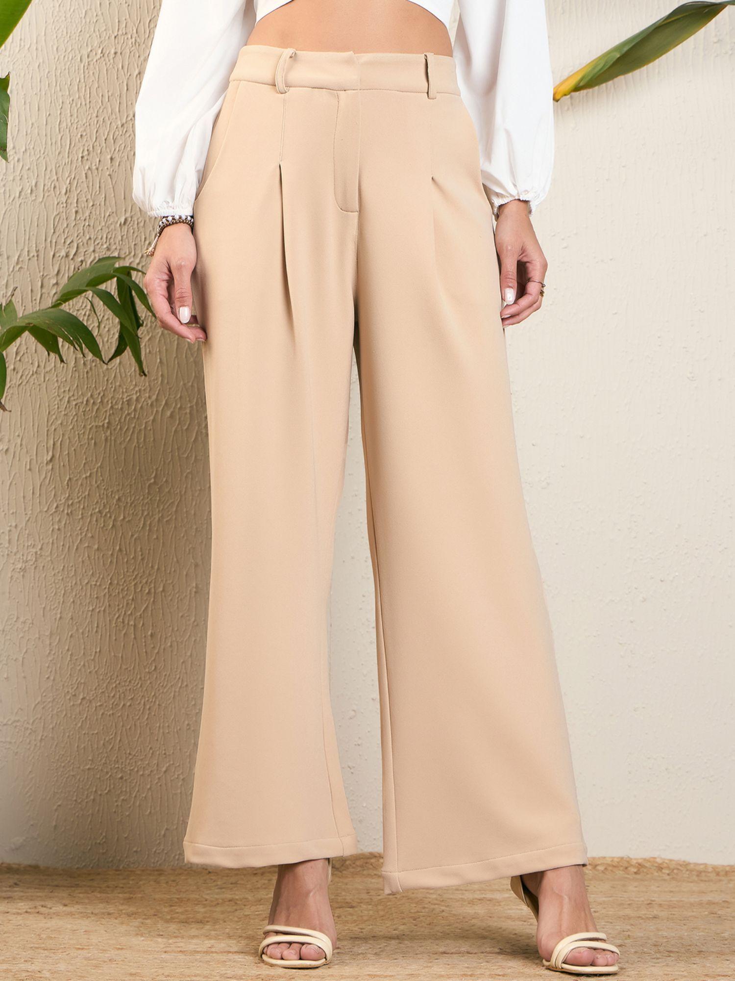 women flex fit solid beige wide leg mid rise trouser