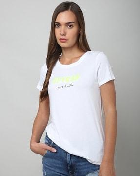 women flock print slim fit round-neck t-shirt