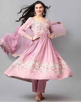 women floral anarkali kurta pants set with dupatta