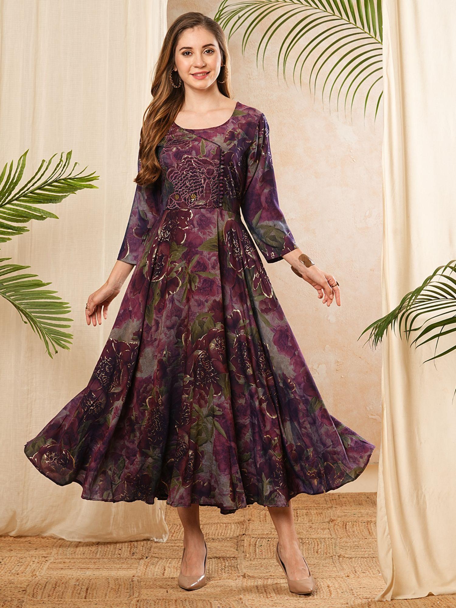 women floral and embroidered silk blend maxi dress - purple