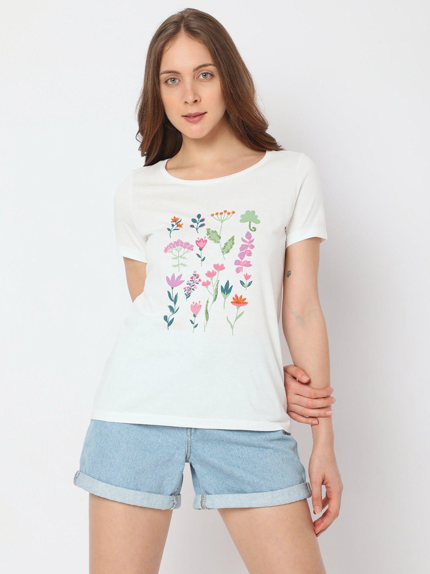 women floral casual wear white t-shirt