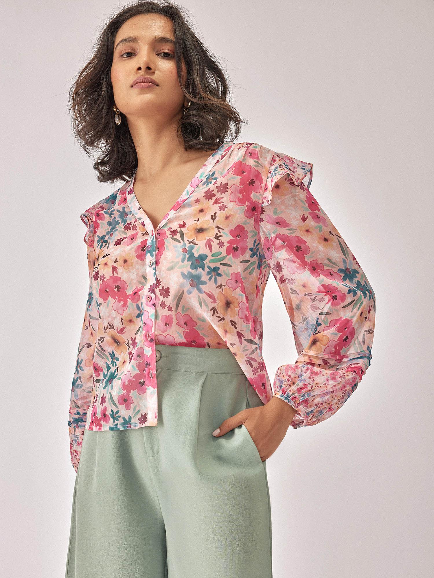 women floral chiffon pintuck blouse