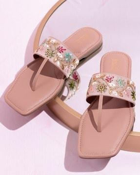 women floral embellished t-strap sandals