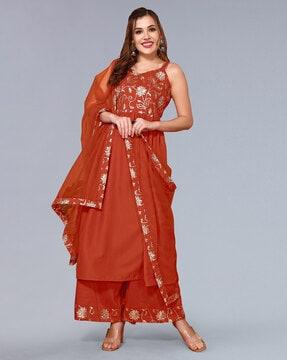 women floral embroidered a-line kurta with palazzos & dupatta