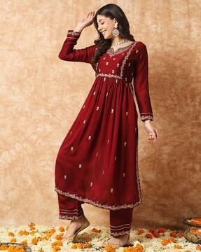 women floral embroidered a-line kurta with pants