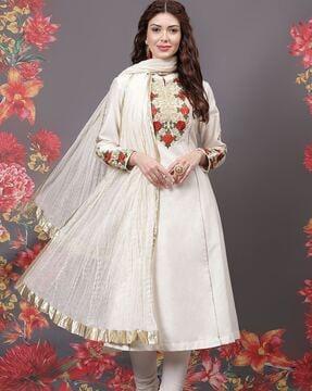 women floral embroidered anarkali kurta with pants & dupatta