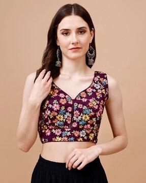 women floral embroidered back-open blouse