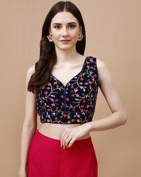 women floral embroidered back-open blouse