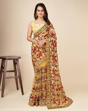 women floral embroidered net saree