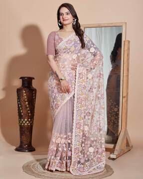 women floral embroidered net saree