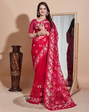 women floral embroidered net saree