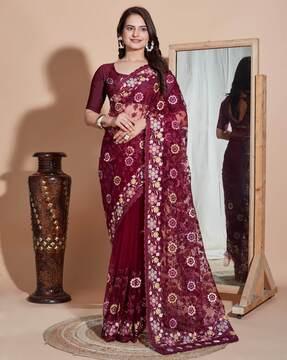women floral embroidered net saree