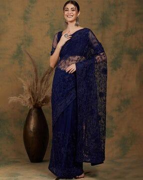 women floral embroidered net saree