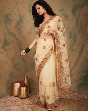 women floral embroidered net saree