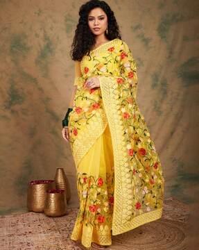 women floral embroidered net saree