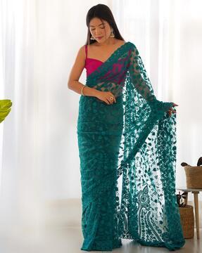 women floral embroidered net saree