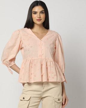 women floral embroidered regular fit top