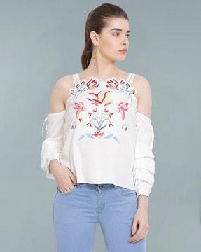 women floral embroidered regular fit top