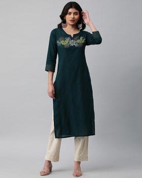 women floral embroidered round-neck straight kurta