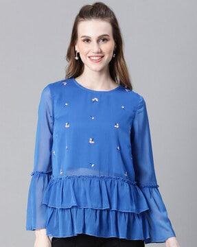 women floral embroidered ruffled top