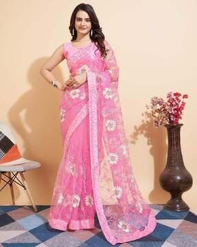 women floral embroidered saree with patch border