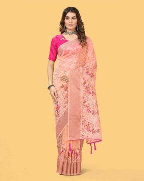 women floral embroidered saree with tassels