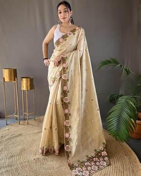 women floral embroidered saree with unstitched blouse piece