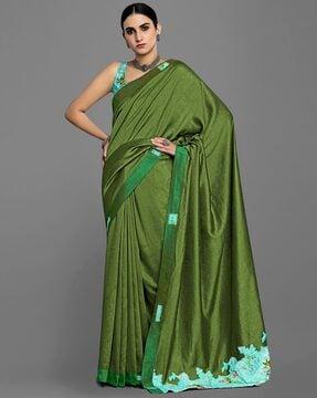 women floral embroidered satin saree with patch border