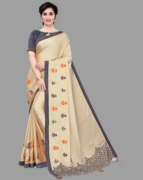 women floral embroidered satin saree with tassels