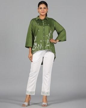 women floral embroidered shirt & pants set