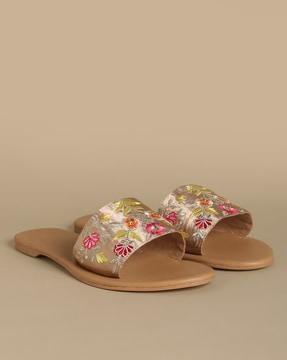 women floral embroidered slip-on sandals