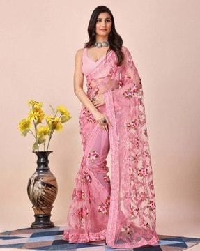 women floral embroidered soft net saree