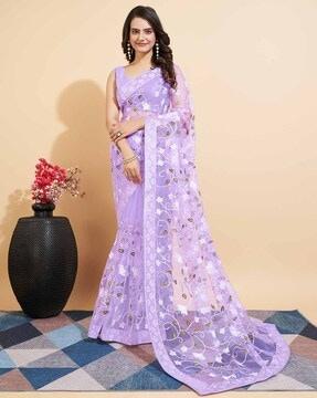 women floral embroidered soft net saree