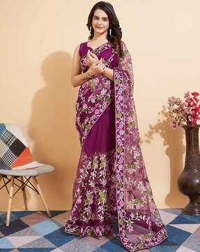 women floral embroidered soft net saree