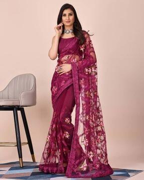 women floral embroidered soft net saree