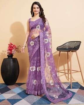 women floral embroidered soft net saree