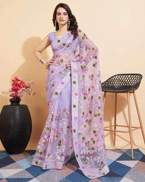 women floral embroidered soft net saree