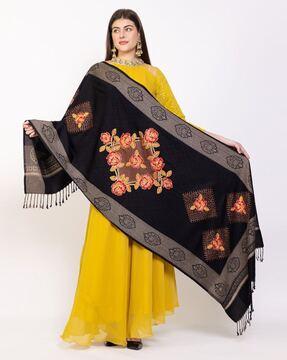 women floral embroidered stole with fringes